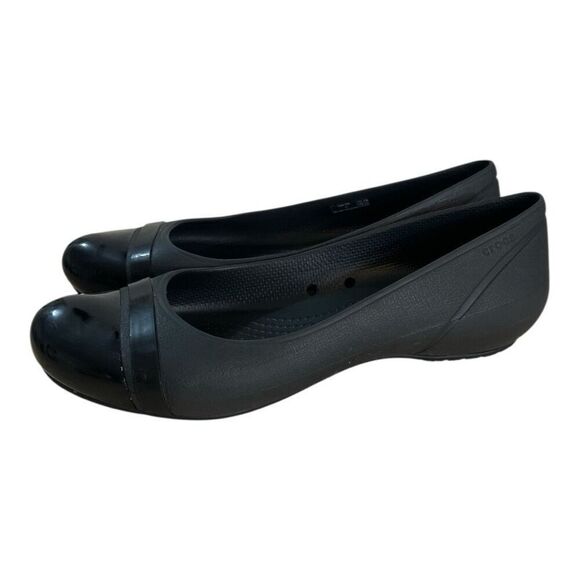 Crocs Womens Black Shiny Cap Toe Flat Ballet Slip On Shoes Work Size 9 - Picture 1 of 11